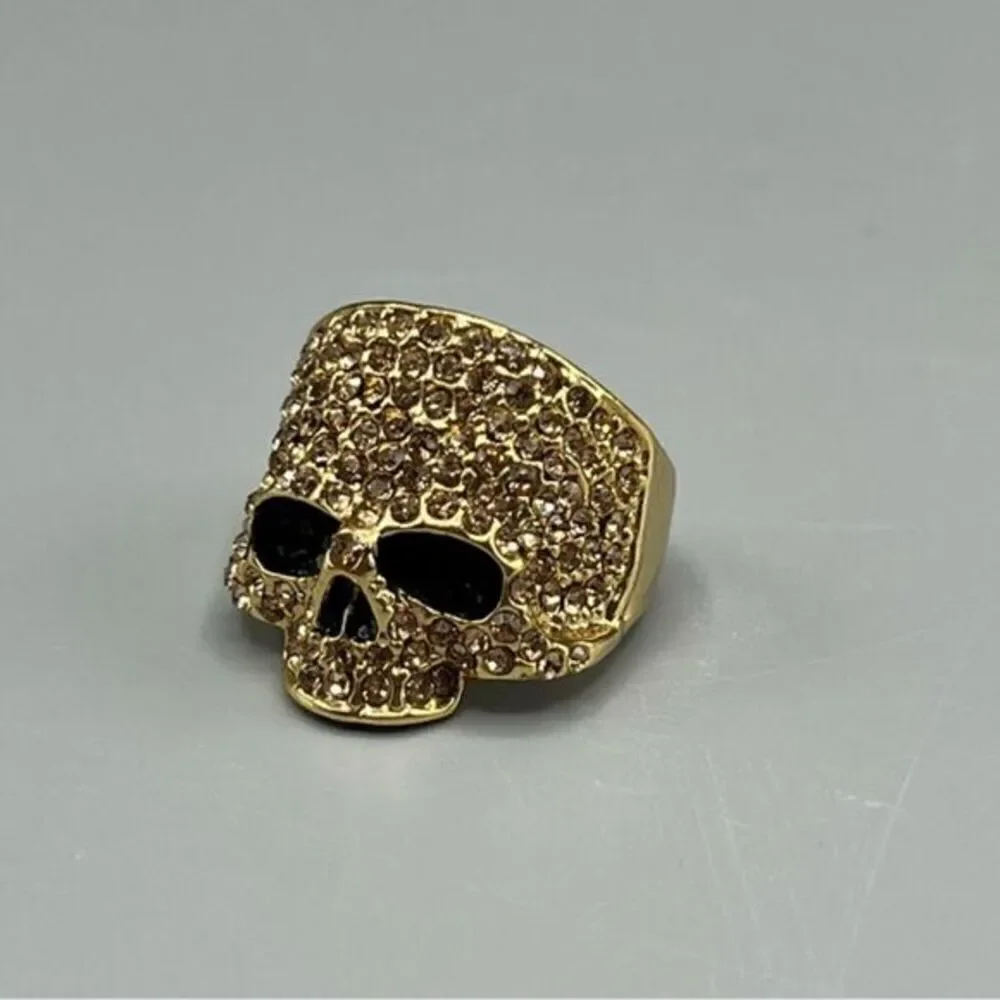 Men’s Rhinestone Gold-Tone Skull Ring Size 10